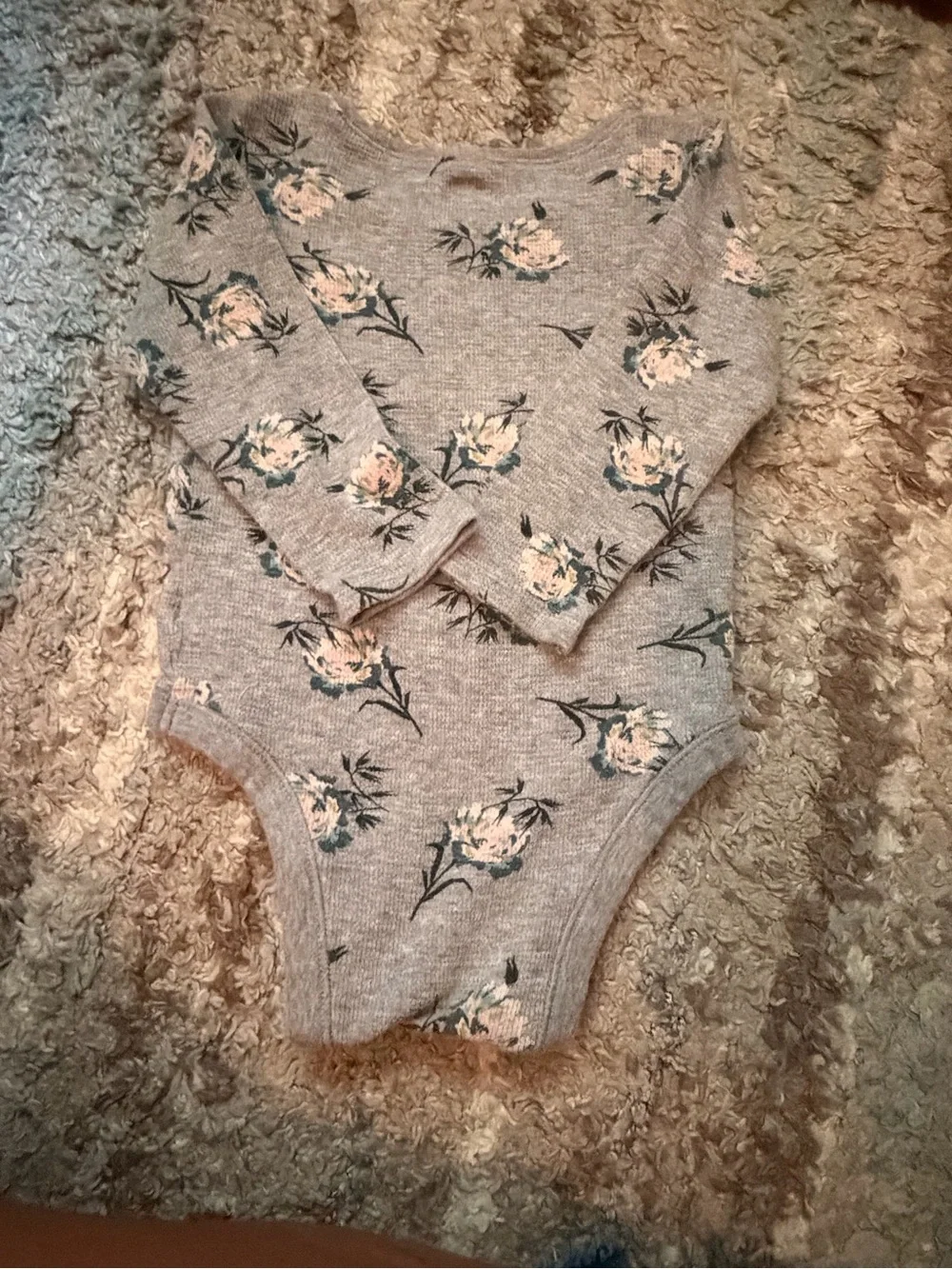 Old Navy Grey Floral Long-Sleeve Baby Bodysuit with Pink Accents